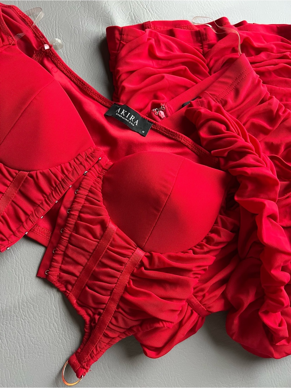 AKIRA Red Ruched Corset Top & Skirt Set